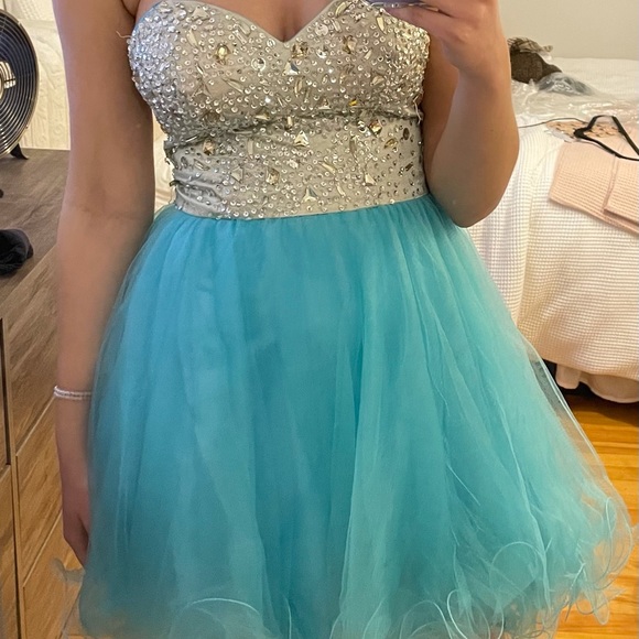 Short Blue Jewelled Prom Dress - Picture 2 of 7